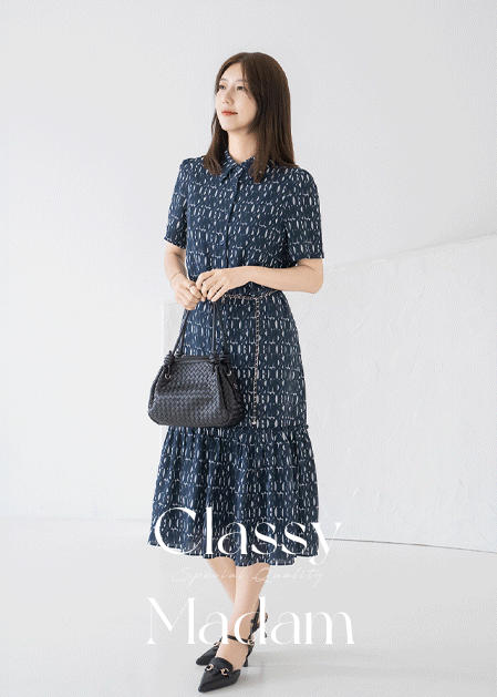 <B>[Classy Madam]</b> Collar Pattern Belt One-Piece - OP2507025 -