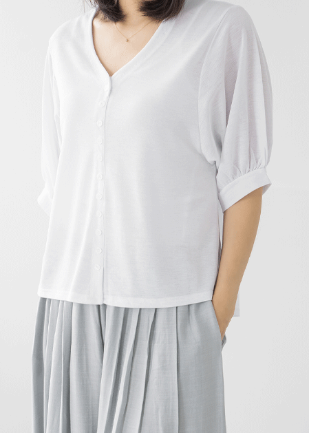 Button Puff Sleeve T-shirt-TE2507047-