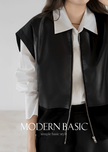 <B>[Modern Basic]</b> Side Button Leather Two-tone Vest - VE2509023 -